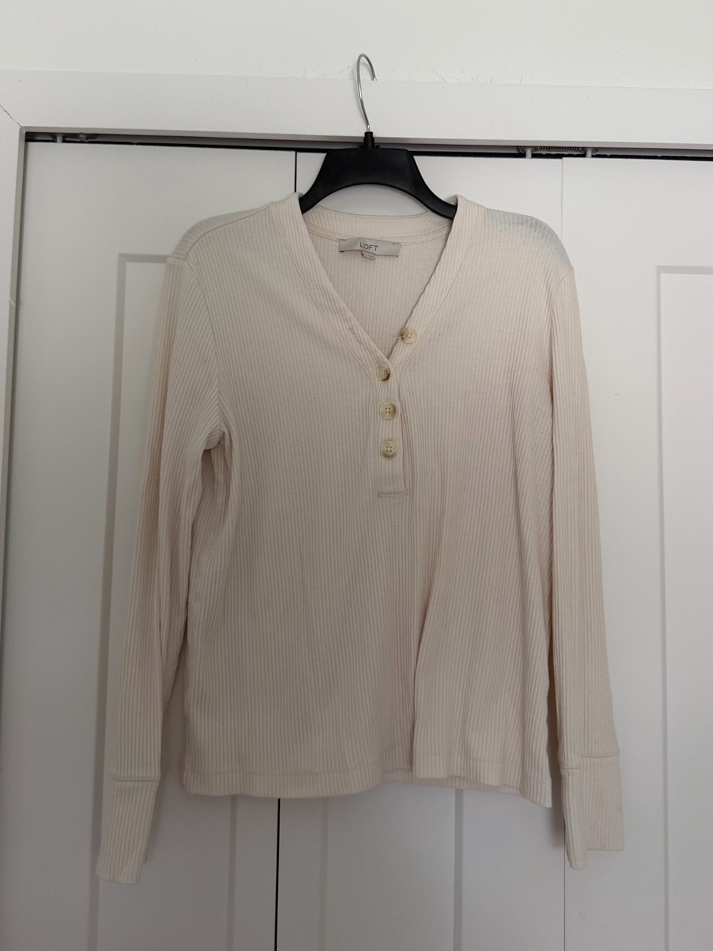 Loft Cozy Ribbed Henley Long Sleeve Top - Cream